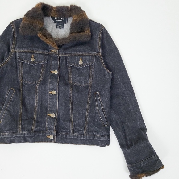 Y2K Denim Jacket Fur Lined Collar Button Up Down Long Sleeve Dark Wash - Picture 13 of 14